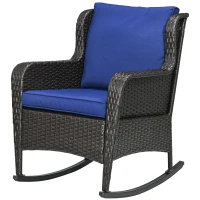 Outsunny Outdoor Wicker Rocking Chair, Rattan Rocker with Cushions, Steel Frame for Patio, Garden, Backyard, Dark Blue(m-1)