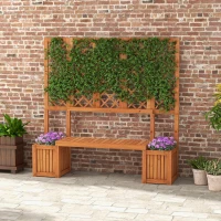 Outsunny Wood Outdoor Bench with Trellis for Climbing Plants and 2 Planter Boxes Garden Planter with Bench Privacy Panel Brown(m-1)