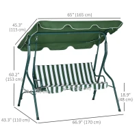 Outsunny Outdoor Porch Swing with Adjustable Canopy, 3-Seater Patio Swing Chair with Cushion, Green(m-3)