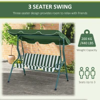 Outsunny Outdoor Porch Swing with Adjustable Canopy, 3-Seater Patio Swing Chair with Cushion, Green(m-6)
