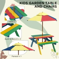 Outsunny Wooden Kids Picnic Table Set with Parasol, Seating for 2 Children 3-6 Years Old, for Patio Backyard, Indoor Outdoor Use(m-4)
