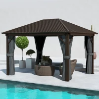 Outsunny 10' x 12' Hardtop Gazebo with Galvanized Steel Roof, Metal Canopy with Top Hook, Netting and Curtains, Dark Gray(m-2)