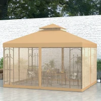 Outsunny 10' x 12' Steel Outdoor Gazebo, Elegant Garden Shelter with Mesh Curtains, Brown - Ideal for Patio & Backyard Entertaining(m-1)