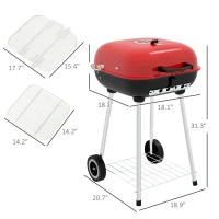 Outsunny 18" Portable BBQ Grill Charcoal Grill with Wheels Bottom Shelf and Adjustable Vents for Picnic, Camping, Backyard, Red(m-3)
