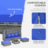 Outsunny 4 Piece Adjustable Canopy Outdoor Rattan Sofa Set w/ Height Adjustable Coffee Table & Cushions, Dark Blue(m-5)