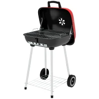 Outsunny 18" Portable BBQ Grill Charcoal Grill with Wheels Bottom Shelf and Adjustable Vents for Picnic, Camping, Backyard, Red(m-1)