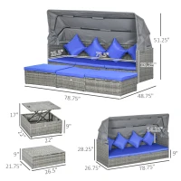 Outsunny 4 Piece Adjustable Canopy Outdoor Rattan Sofa Set w/ Height Adjustable Coffee Table & Cushions, Dark Blue(m-3)