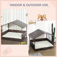 PawHut Luxury Wicker Dog House with Canopy, Outdoor Elevated Dog Bed with Cushion, Durable Pet Shelter, Cream White(m-3)