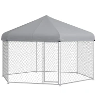 PawHut 13.4' x 11.5' x 8.8' Dog Kennel Outdoor for Medium and Large-Sized Dogs with Waterproof UV Resistant Roof, Silver(m-1)