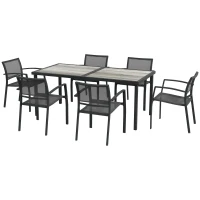 Outsunny 7 Pieces Outdoor Dining Set with 6 Stackable Chairs, Patio Table and Chairs with Plastic Top, Breathable Mesh Seat Back(m-2)