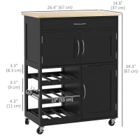 HOMCOM Rolling Kitchen Cart, Kitchen Island with Storage Drawer, 9-bottle Wine Rack, Door Cabinets, Wooden Countertop, Black(m-3)