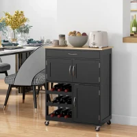 HOMCOM Rolling Kitchen Cart, Kitchen Island with Storage Drawer, 9-bottle Wine Rack, Door Cabinets, Wooden Countertop, Black(m-1)