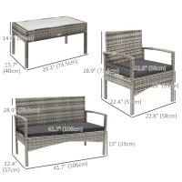 Outsunny 4 Pieces Patio Furniture Set with Loveseat Bench, Armchairs, Glass Table, Outdoor Wicker Conversation Seating Set, Grey(m-3)