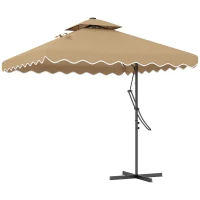 Outsunny 8' x 8' Square Double Top Offset Patio Umbrella Garden Parasol with Solar LED Lights, Ruffles and Weights, Khaki(m-2)