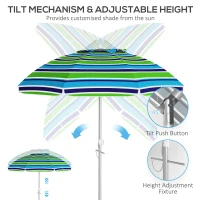Outsunny 6ft Travel Beach Umbrella with Sand Anchor Height Adjustable Sun Umbrella with Tilt Bag 40+ UV Protection Multicolour(m-5)