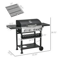 Outsunny 4 Burner Propane Gas Grill with Side Burner, 40,000 BTU Outdoor Barbeque with Shelves, Thermometer, Bottle Opener, Black(m-3)