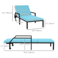 Outsunny 2 Piece Wicker Chaise Lounger PE Rattan Outdoor Lounge Chair Recliner with Adjustable Backrest and 2 Wheels, Sky Blue(m-3)