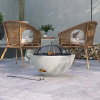 Outsunny 2-in-1 Fire Pit BBQ Charcoal Grill, 24" Wood-burning Firepit with Mesh Lid and Poker, Grey(m-1)
