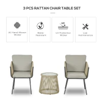 Outsunny 3 Piece Outdoor Patio Bistro Set, Wicker Rattan Furniture with Metal Legs for Garden, Backyard, Coffee and Light Grey(m-5)