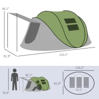 Outsunny Pop Up Tent with Porch and Carry Bag, 3000mm Waterproof, for 2-3 People Camping Hiking, Green(m-3)