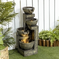 Outsunny Outdoor Fountain Cascading Waterfall with 4-Tier Stone Look Bowls, Adjustable Flow & LED Lights for Patio Garden