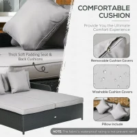 Outsunny Patio Rattan Double Lounge Daybed, Outdoor Wicker Armrests Chaise Lounge for 2-Person with Cushion & Pillow, Grey(m-5)