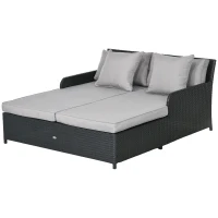 Outsunny Patio Rattan Double Lounge Daybed, Outdoor Wicker Armrests Chaise Lounge for 2-Person with Cushion & Pillow, Grey(m-2)