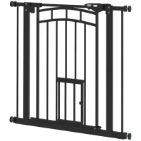PawHut Auto-Close Pet Gate, Stair Gate with Cat Door, Double Locking for Doorways Hallways Stairs, Fits 29"-31.5" Wide, Black(m-2)