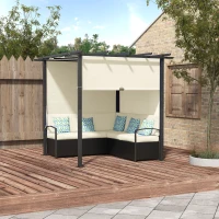 Outsunny Outdoor Rattan Wicker Patio Furniture Sofa Set with Retractable Canopy Pergola for Deck, Pool, Garden, Beige(m-1)