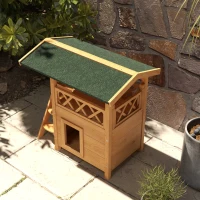 PawHut 2-Story Outdoor Wooden Cat House, Weatherproof Kitten Condo with Asphalt Roof & Stairs, Cozy Shelter(m-8)