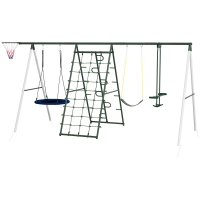 Outsunny Metal Swing Set for Backyard with 1 Saucer Swing, Basketball Hoop, 1 Seat, 1 Swing Glider, Climbing Net and Steps