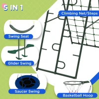 Outsunny Metal Swing Set for Backyard with 1 Saucer Swing, Basketball Hoop, 1 Seat, 1 Swing Glider, Climbing Net and Steps(m-5)
