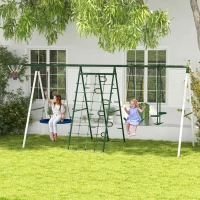 Outsunny Metal Swing Set for Backyard with 1 Saucer Swing, Basketball Hoop, 1 Seat, 1 Swing Glider, Climbing Net and Steps(m-2)