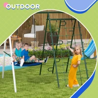 Outsunny Metal Swing Set for Backyard with 1 Saucer Swing, Basketball Hoop, 1 Seat, 1 Swing Glider, Climbing Net and Steps(m-6)
