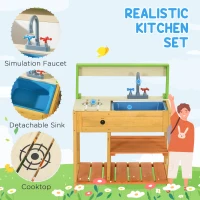 Outsunny Mud Kitchen for Kids Outdoor Kitchen Playset w/ Realistic Kitchen Toys, Faucet Sink Storage Shelves for Ages 3-8 Years(m-4)