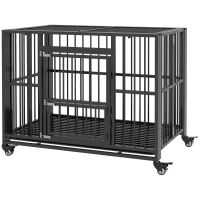 PawHut 43" Heavy Duty Dog Crate, Strong Steel Foldable Large Dog Crate with 4 Lockable Wheels, Double Doors, Openable Top and Removable Trays for Medium and Large Dogs, Black(m-1)