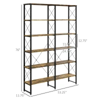 HOMCOM Book Shelf with Steel Frame, 5-tier Bookcase for Living Room, Home Office, 53.25" x 11.75" x 76", Rustic Brown(m-3)