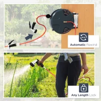 Outsunny 1/2" 49ft Retractable Hose Reel with 8 Pattern Hose Nozzle, Any Length Lock, Auto Rewind System & 180° Swivel Bracket(m-5)