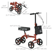 HOMCOM Steerable Knee Walker, Foldable Knee Scooter with Dual Braking System, Adjustable Height, Crutch Alternative, Red(m-3)