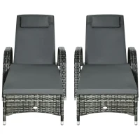 Outsunny 2 Piece Reclining Chaise Lounge Chairs, Outdoor Rattan Sun Longers with Cushion, Wheels for Poolside, Patio, Mixed Gray(m-1)