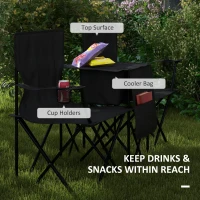 Outsunny Double Camping Chairs for 2 People with Cooler Bag Table Cup Holder Portable Folding Lawn Chair with Carrying Bag Black(m-5)