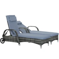 Outsunny Wicker Chaise Lounger 2 PC with Cushion Pillow Headrest Armrests and Wheels for Garden and Pool Gray(m-1)