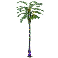 Outsunny 8' Artificial Light Up Palm Tree Lighted Tropical Fake Tree with Remote 350 Lights 5 Coconuts for Outdoor Indoor Green(m-1)