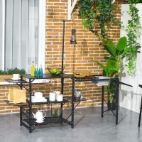 Outsunny Folding Camping Kitchen, Portable Aluminum Cook Station with Carrying Bag, 3 Side Tables, 2 Shelves for BBQ, Black(m-1)