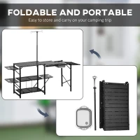 Outsunny Folding Camping Kitchen, Portable Aluminum Cook Station with Carrying Bag, 3 Side Tables, 2 Shelves for BBQ, Black(m-6)