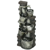 Outsunny 5-Tiered Faucet & Barrel Outdoor Water Fountain with LED Lights, Adjustable Flow, 39.4-inch Resin Waterfall Fountain(m-2)