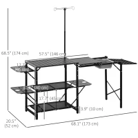Outsunny Folding Camping Kitchen, Portable Aluminum Cook Station with Carrying Bag, 3 Side Tables, 2 Shelves for BBQ, Black(m-3)