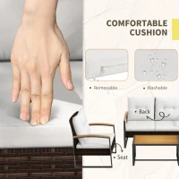 Outsunny 4 Piece Rattan Patio Furniture Set with Loveseat Sofa, Chair, Wood Coffee Table, Cushions for Outdoor, Backyard, White(m-5)