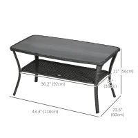 Outsunny Outdoor Patio PE Rattan Coffee Table with Storage Shelf, Wicker Side Table with Glass Top, Black(m-3)