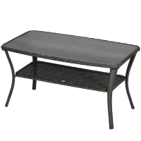 Outsunny Outdoor Patio PE Rattan Coffee Table with Storage Shelf, Wicker Side Table with Glass Top, Black(m-2)